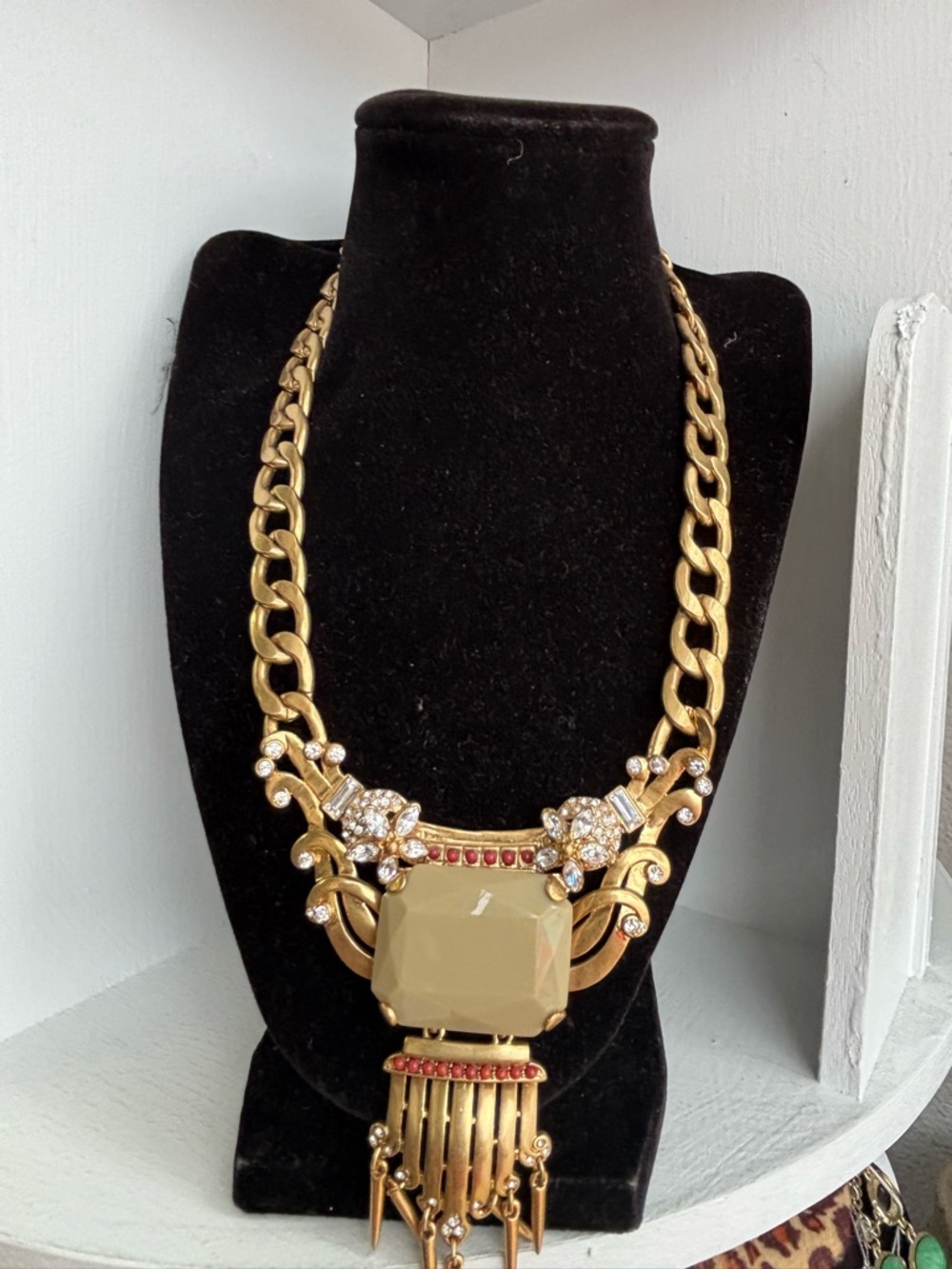 Gold Statement Necklace with Beige Stone and Red Accents